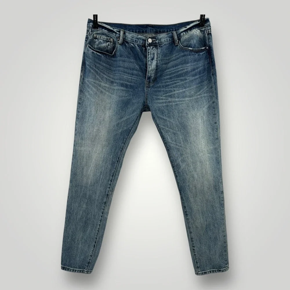 Mnml Jeans Mens 42 (43x34) Blue Medium Wash Tapered‎ Leg Button Fly Faded Denim